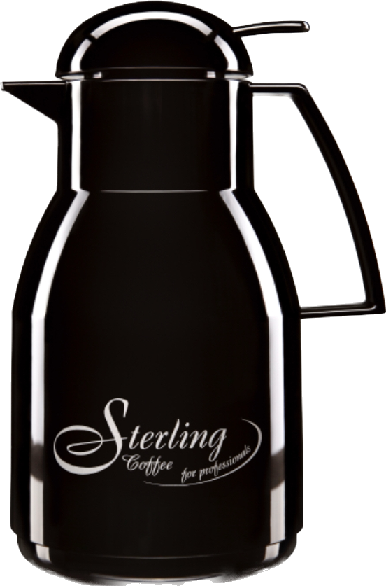 Schwarze Isolierkanne mit weißem Schriftzug 'Sterling Coffee for professionals'