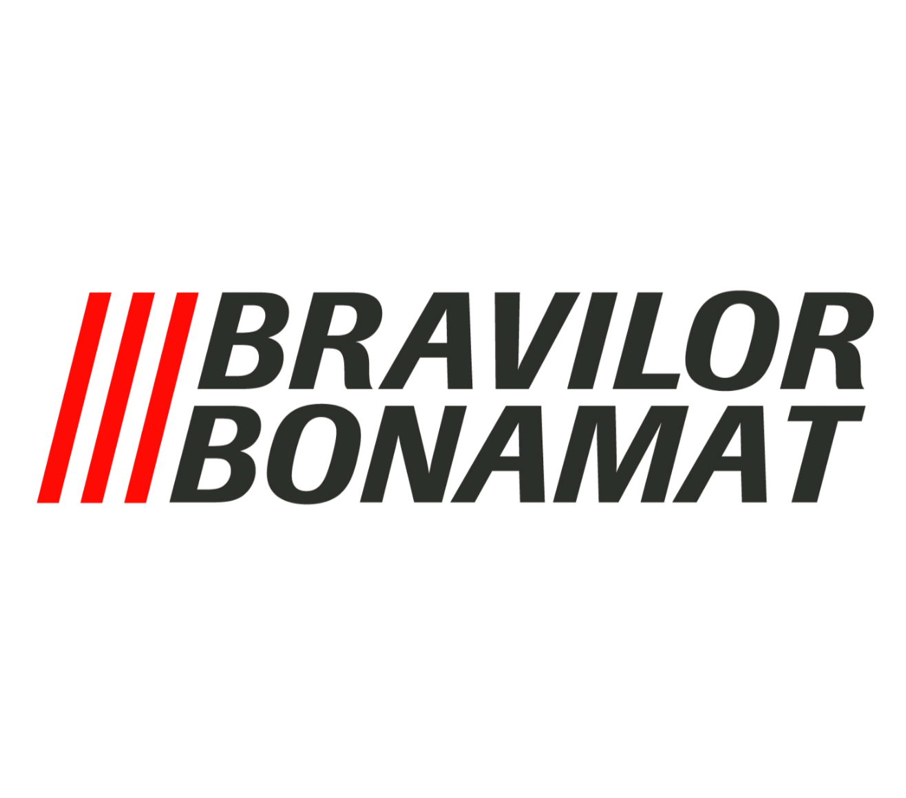 Das Bild zeigt den Schriftzug 'Bravilor Bonamat' mit drei roten Linien auf der linken Seite, auf schwarzem Hintergrund.