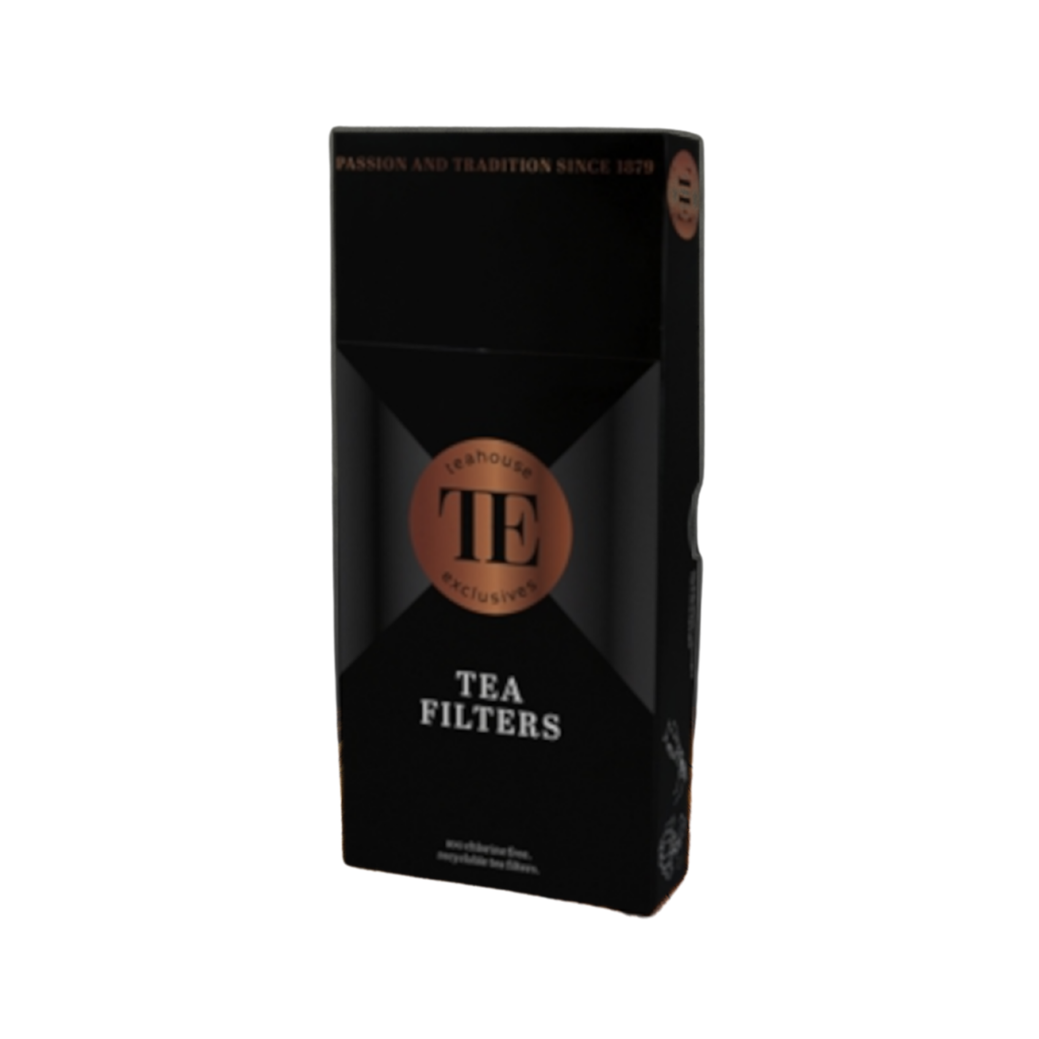 Schachtel mit schwarzem Hintergrund und orangefarbenem Logo, das den Text 'EXCLUSIVE TEA FILTERS' trägt.