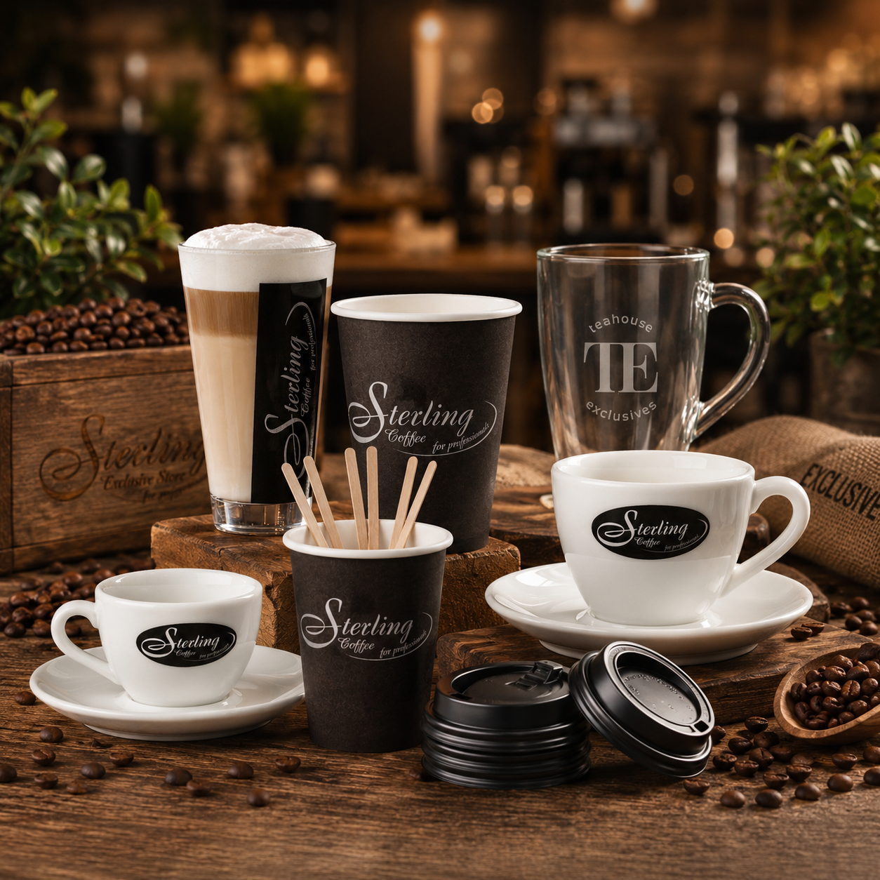 Verschiedene Kaffeetassen und Becher mit Kaffee auf einem Holztisch, umgeben von Kaffeebohnen, in einem Café. Es gibt eine Tasse mit Cappuccino, eine schwarze Pappbecher mit Sterling Coffee, eine weiße Tasse mit Sterling Coffee, eine große Glasschale mit einem Kaffee-Getränk, und eine große klare Tasse mit Tee, sowie einen schwarzen Deckel für den Kaffeeaufschluss.