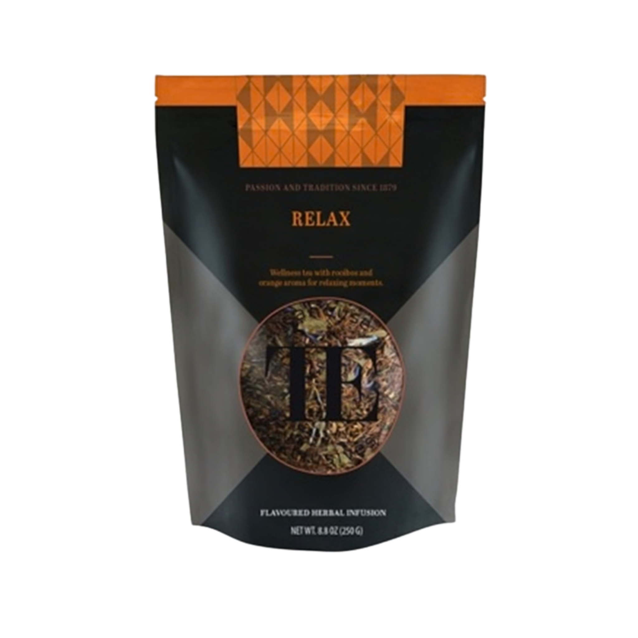 Schwarze Verpackung mit orangenem geometrischem Muster und dem Wort 'RELAX' in orange, sowie Text über Geschmack der Kräutermischung.