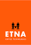 Logo des Unternehmens ETNA Coffee Technologies, orange Hintergrund, schwarze Symbole von zwei Personen, die Kaffee trinken.