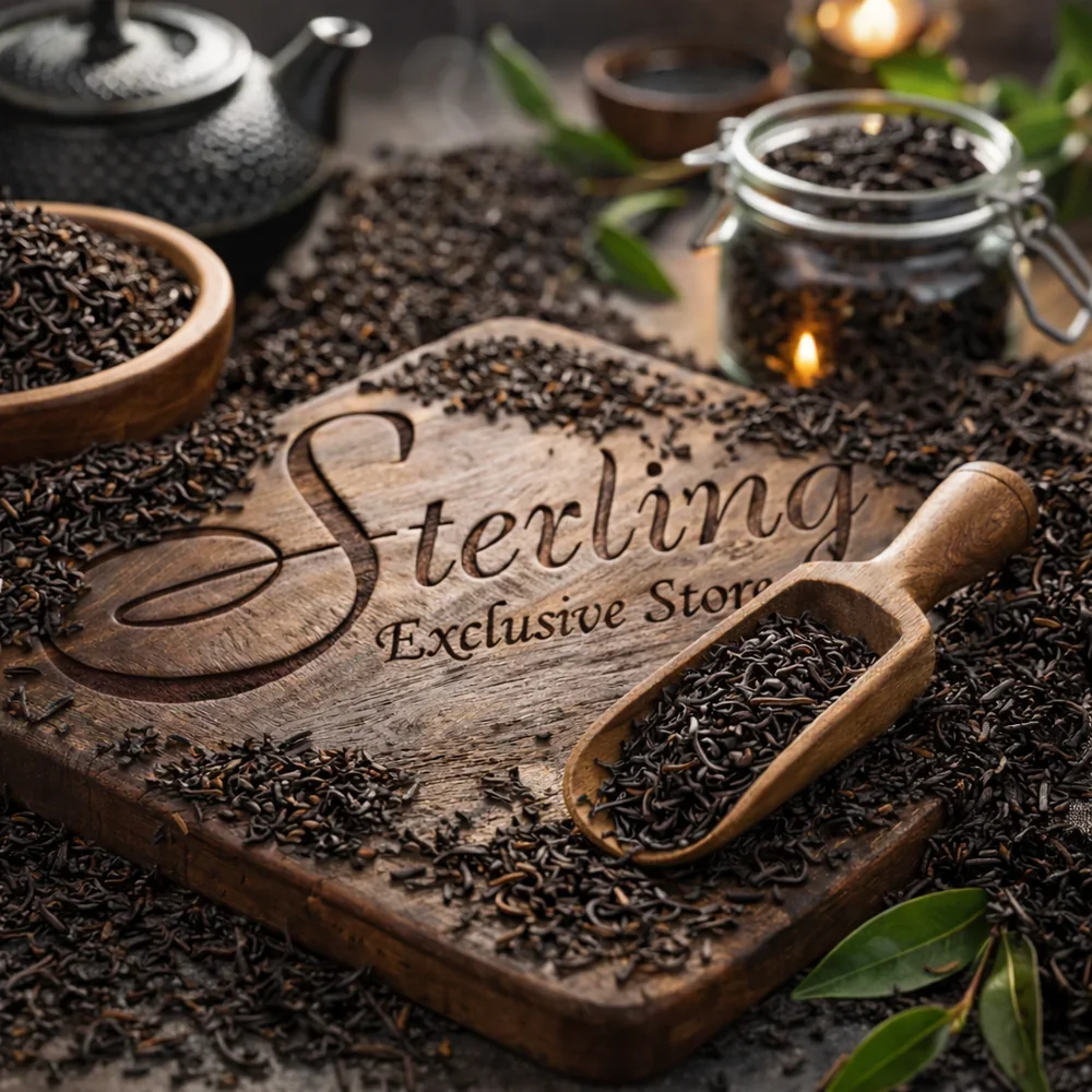 Verschiedene schwarze, getrocknete Nelken auf einem Holzbretter mit der Aufschrift 'Sterling Exclusive Store', umgeben von grünen Blättern.