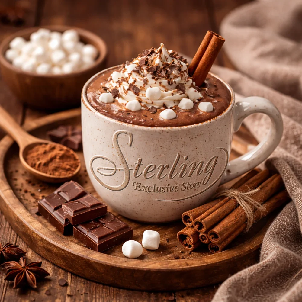 Eine Tasse heiße Schokolade mit Marshmallows, Kakaoraspeln, Zimtstangen und Schokoladentürchen auf einem Holzbrett