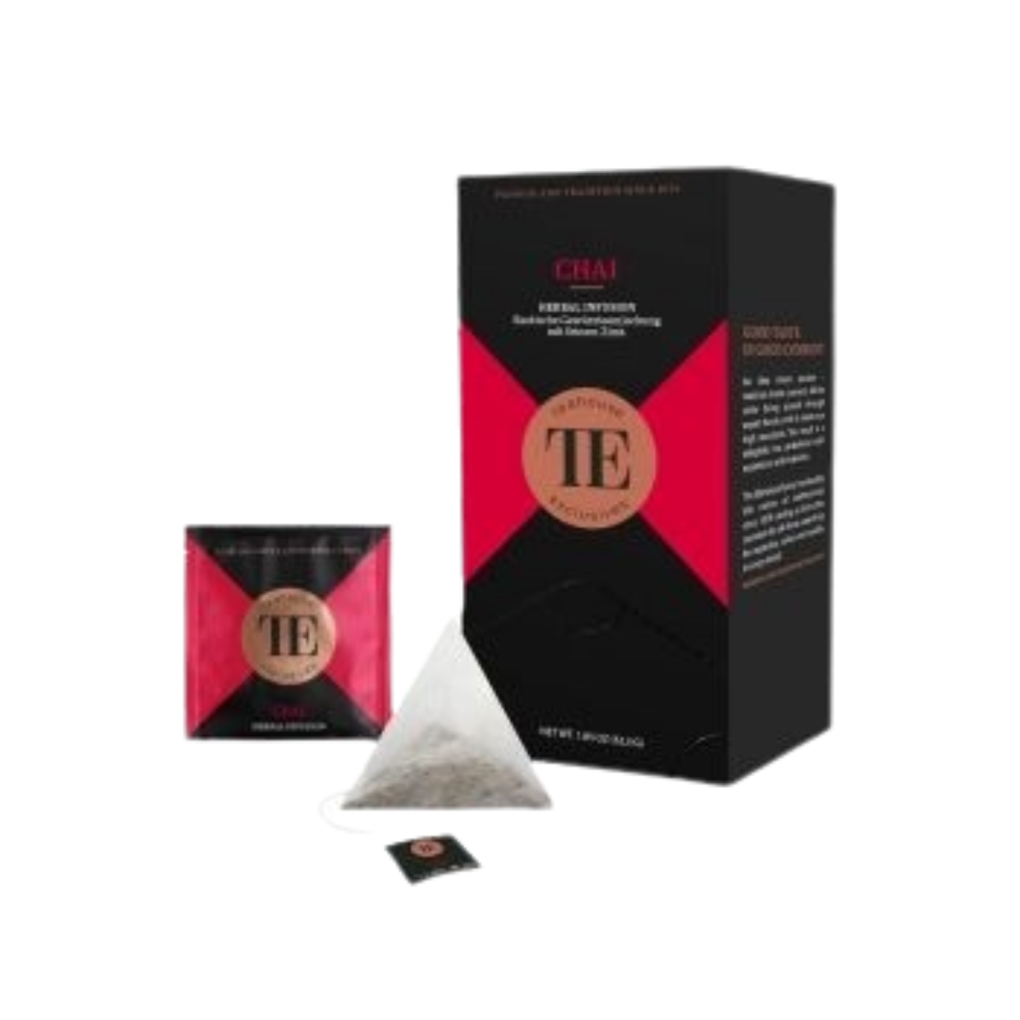 Eine Verpackung von TEA, vermutlich Tee, in schwarzer und roter Verpackung mit Text und Logo. Das Produkt liegt auf einem weißen und schwarzen Hintergrund.