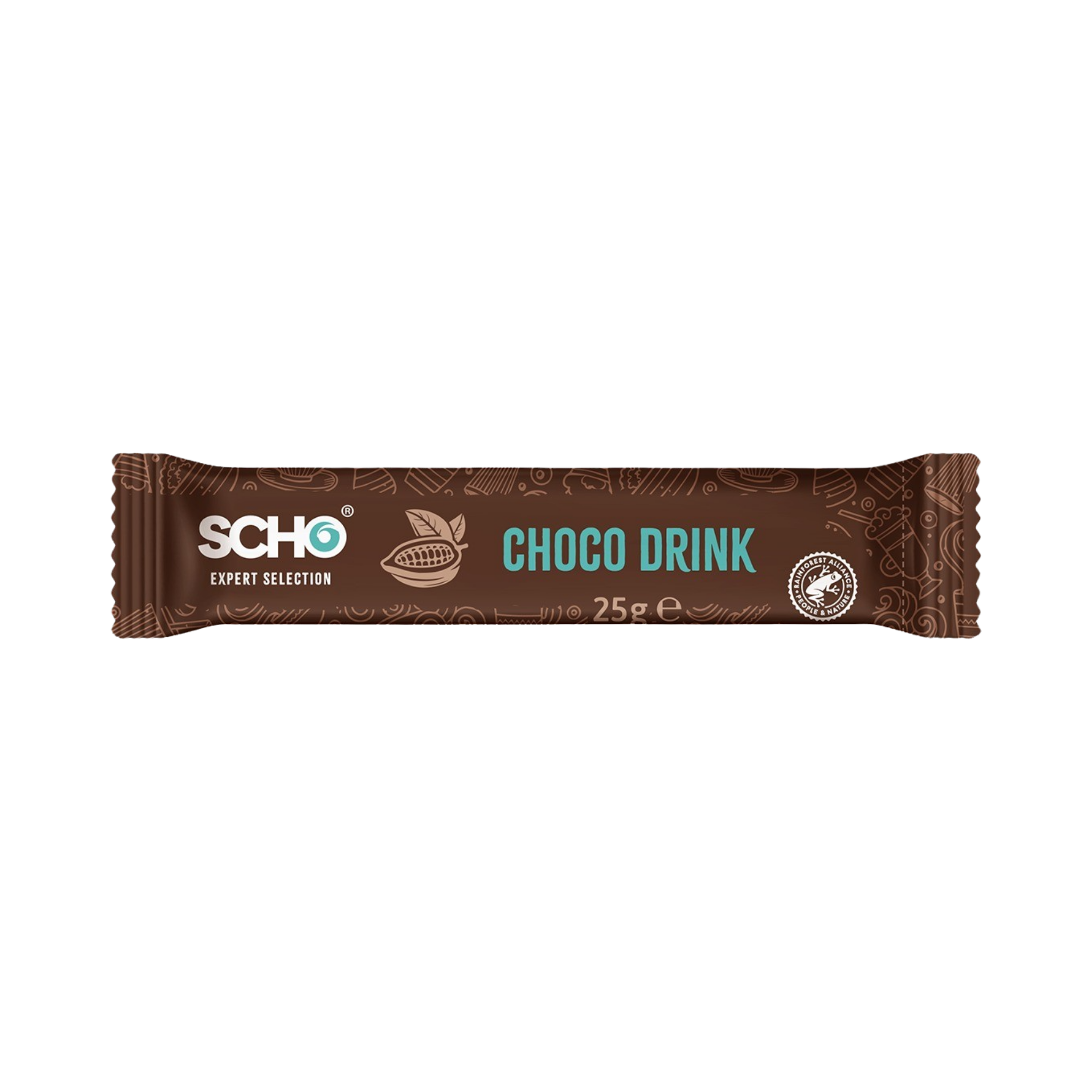 Schokoladenriegel mit Verpackung, auf der steht "Choco Drink" und das Logo der Marke 'Scho'.