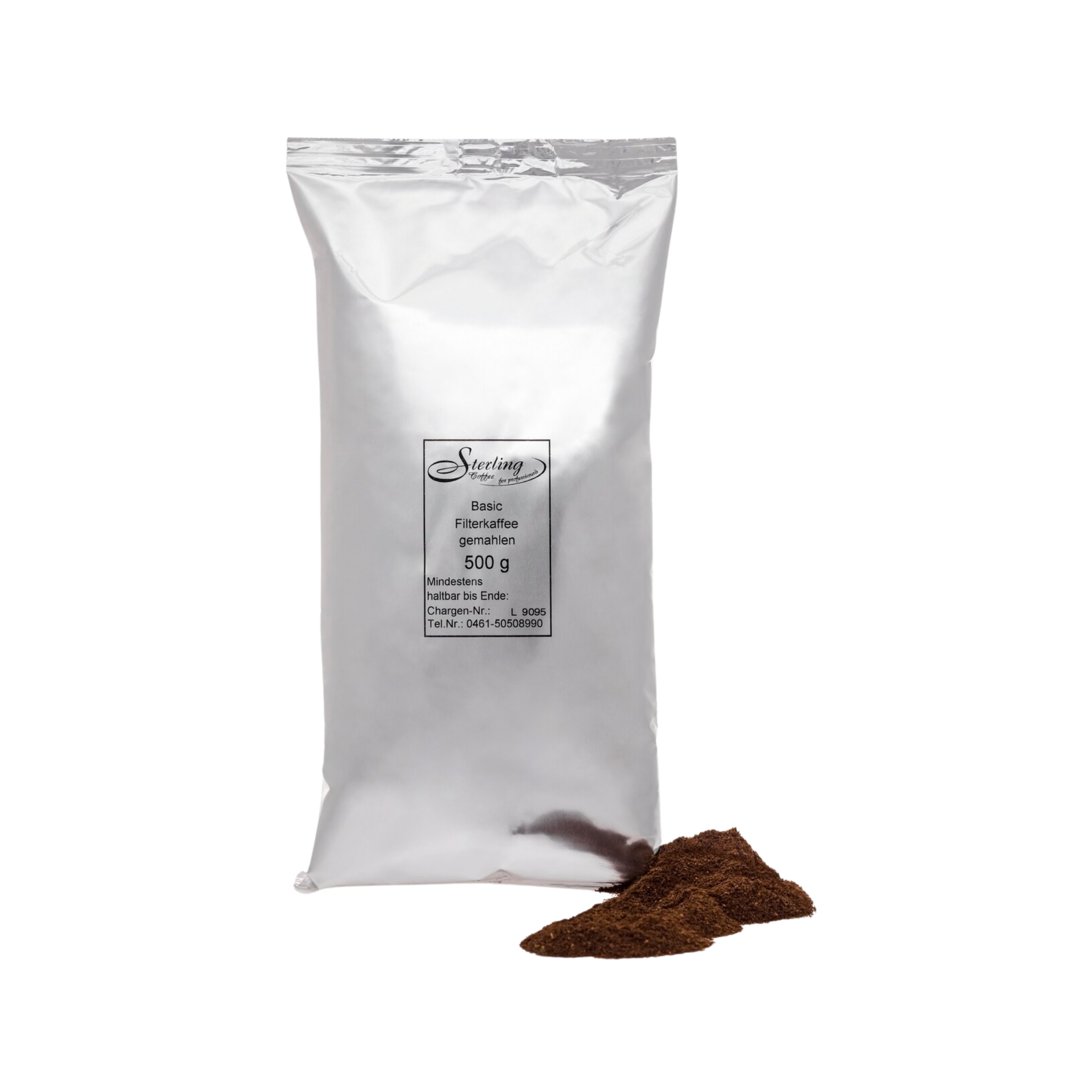 Eine weiße Verpackung mit schwarzem Text, der auf Kaffee hinweist, und eine kleine Menge Kaffeepulver daneben