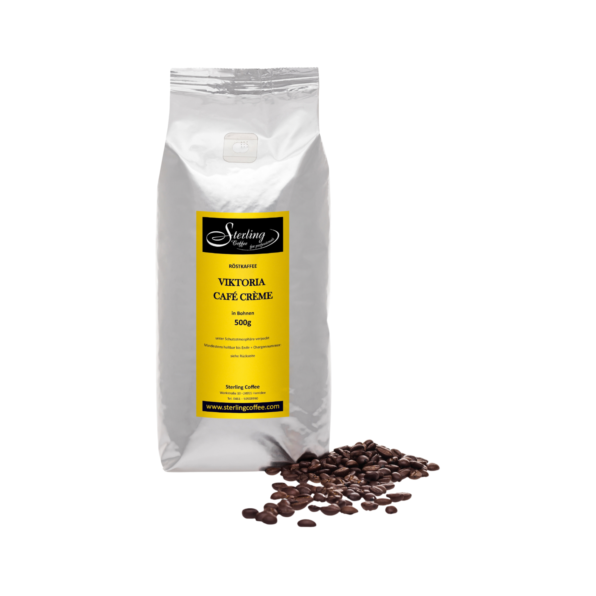Eine Packung Kaffee mit gemahlenen Kaffeebohnen darunter.