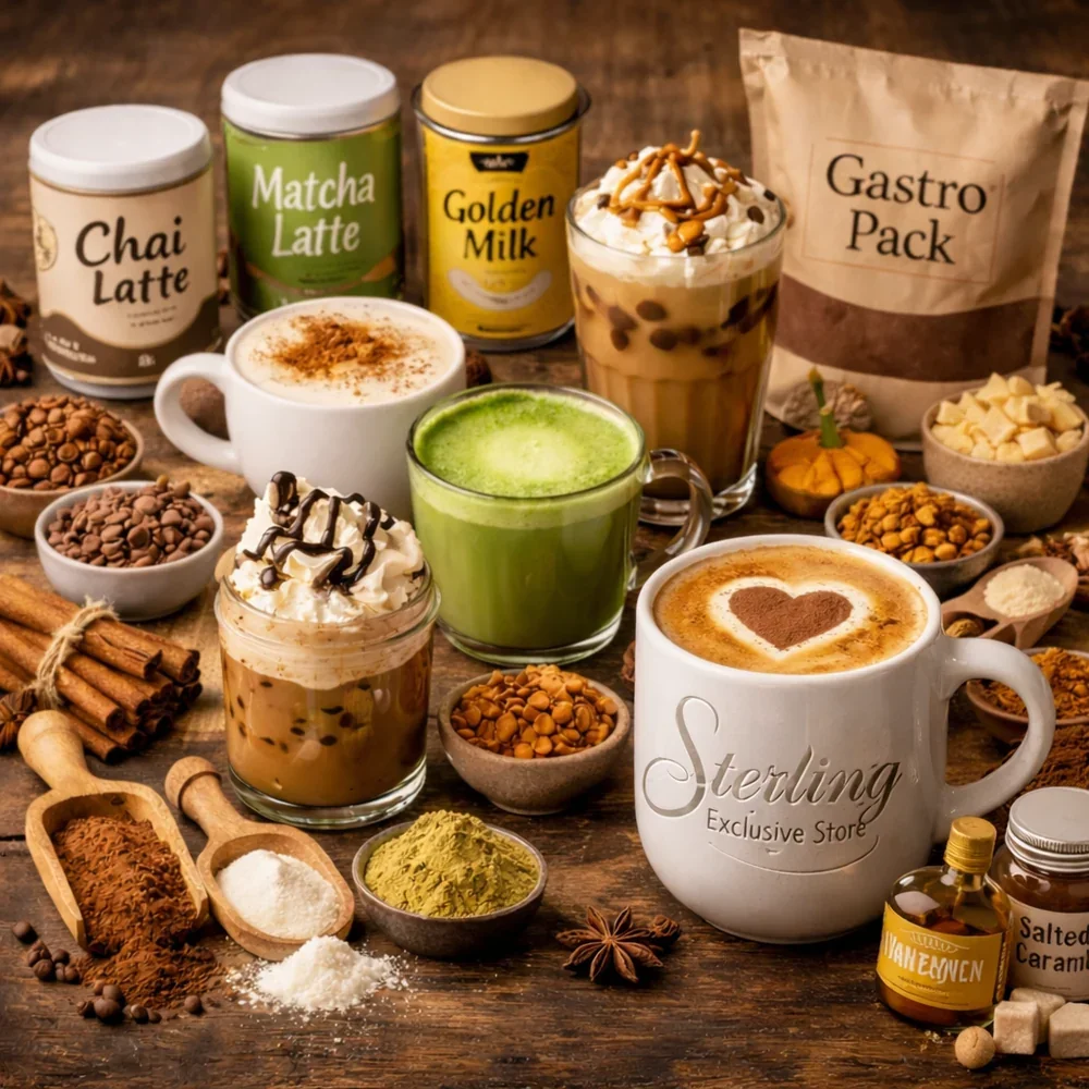 Verschiedene Kaffeegetränke mit Schokoladendekoration, Gewürze, Süßungsmittel, Milchpulver und Toppings auf einem Holztisch.