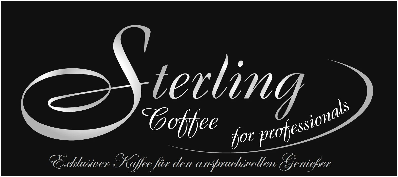 Schwarzes Logo mit silberner Schrift, das 'Sterling Coffee for professionals' enthält, sowie den deutschen Schriftzug 'Exklusiver Kaffee für den anspruchsvollen Genießer'.