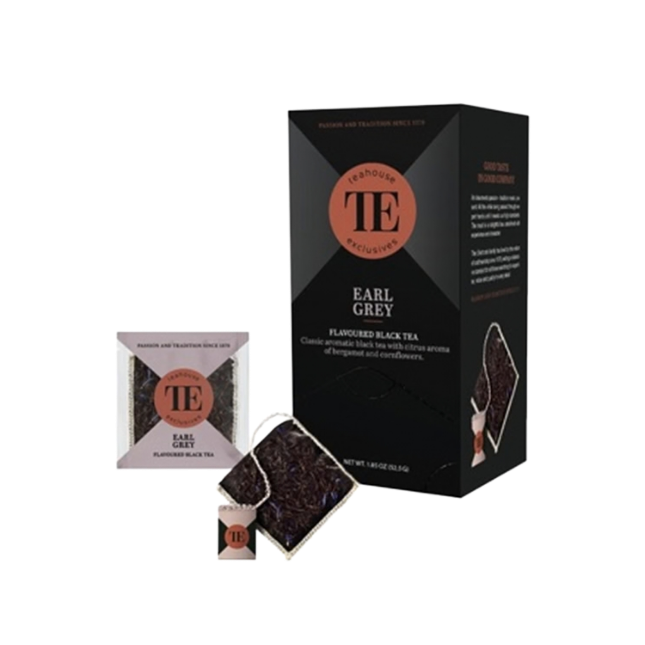 Verpackung eines Tees mit der Marke Earl Grey, schwarze Verpackung mit rotem Logo und einer Tasse Tee mit Teegetränk