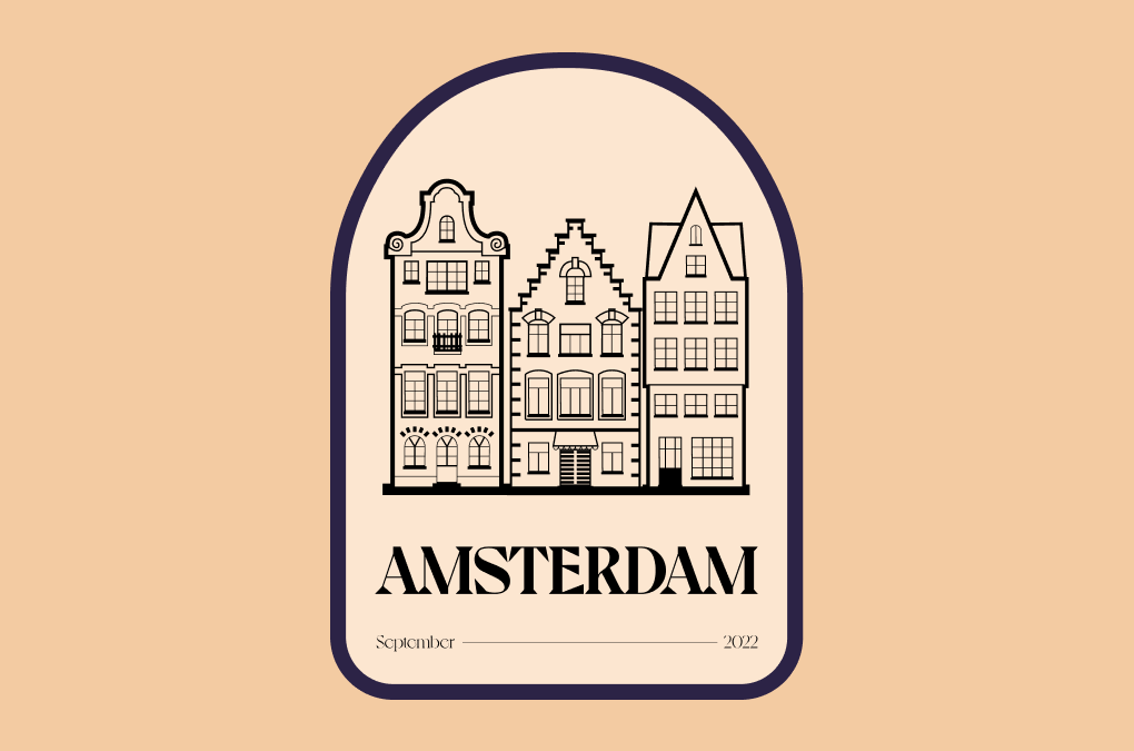 Illustration of three traditional Amsterdam-style houses with gabled roofs, surrounded by a rounded arch and labeled "Amsterdam" with the month September and year 2022.