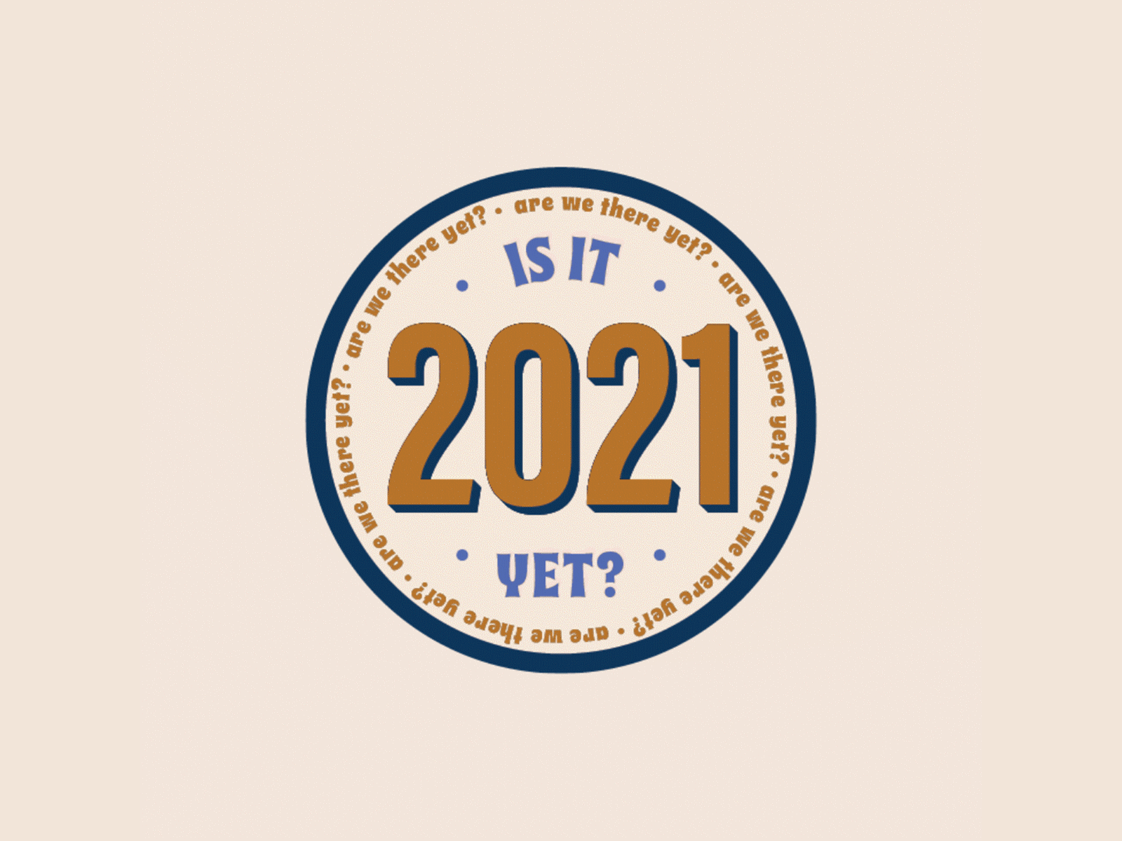 Circular graphic with the year 2021 in large brown letters, surrounded by the repeated phrase 'are we there yet?' in brown and blue text.