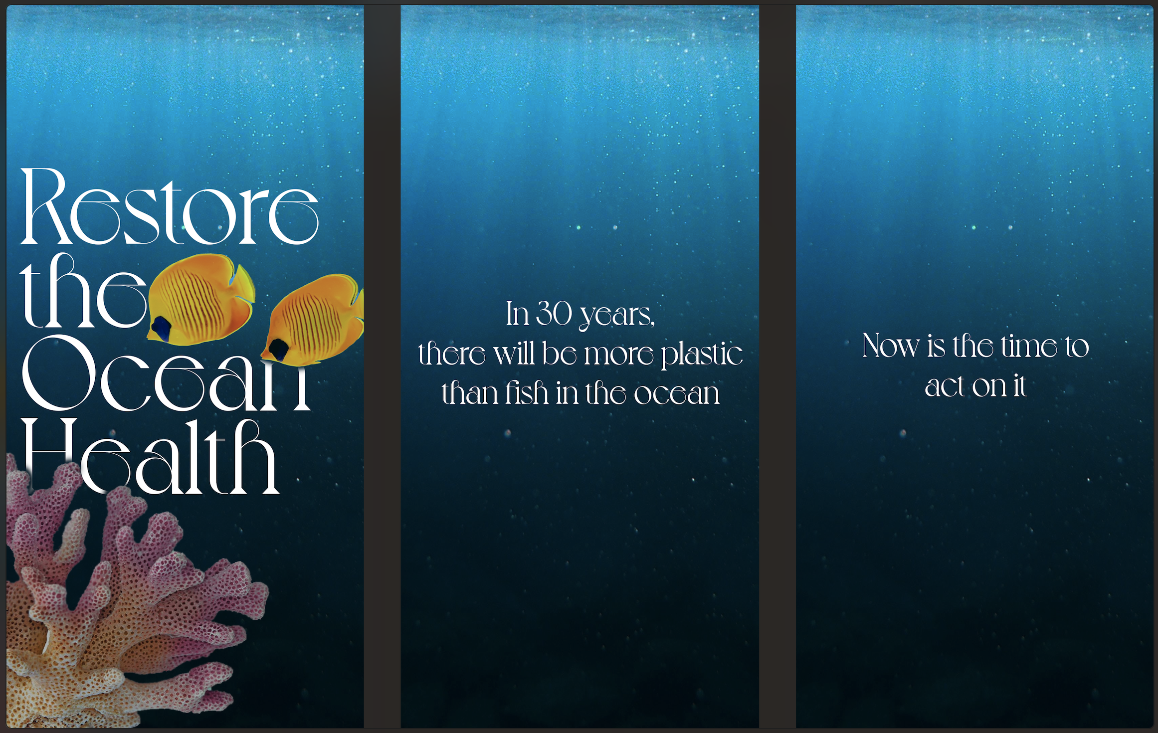 Underwater scene with coral and two yellow and black striped fish, overlaid with text about ocean health and plastic pollution.