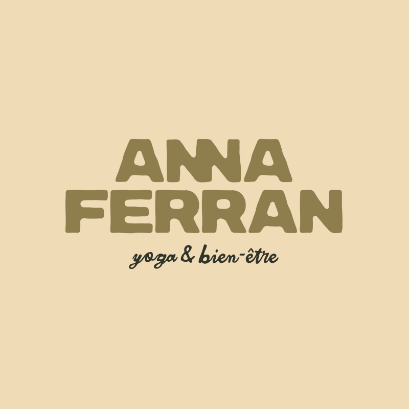Logo for Anna Ferran yoga and well-being with beige background and green text.