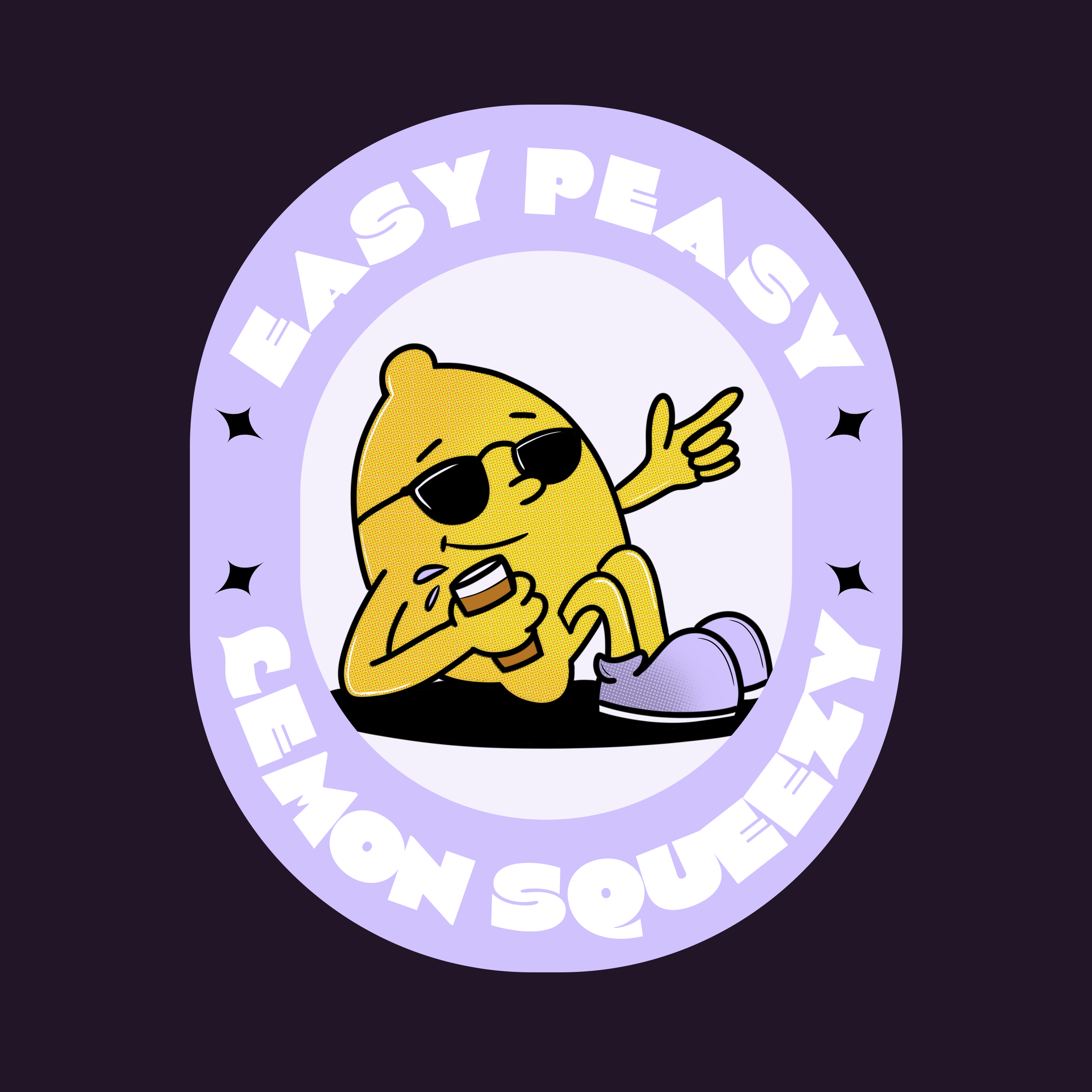 A cartoon yellow chick wearing black sunglasses and holding a coffee mug, surrounded by a purple circular border with white text that reads "EXAYPEA" and decorative black stars against a dark background.