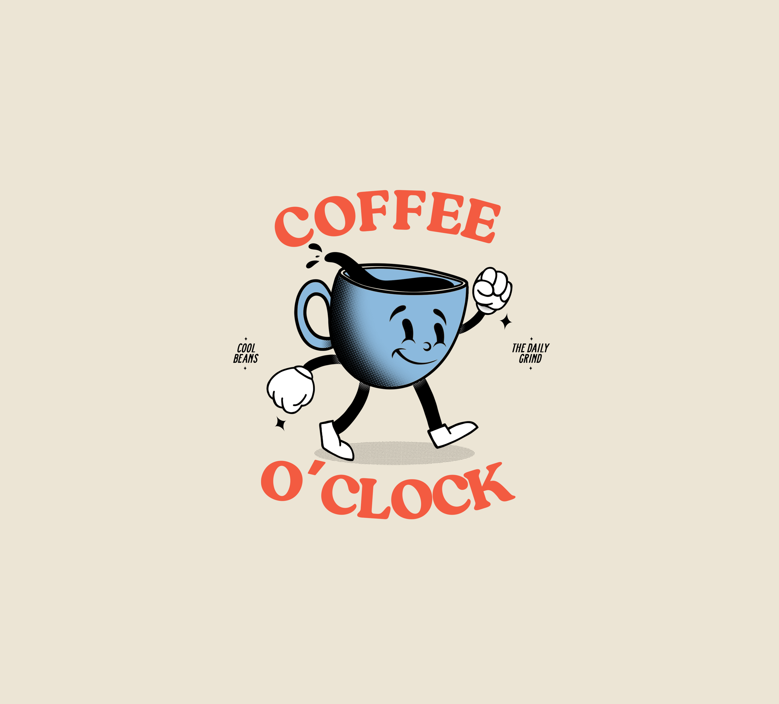A cartoon coffee mug with a smiling face, arms, and legs, holding a pointing finger, with the word 'COFFEE' in red above it. The mug has steam rising from it and is surrounded by small stars and words like 'cool beans' and 'the daily grind'.