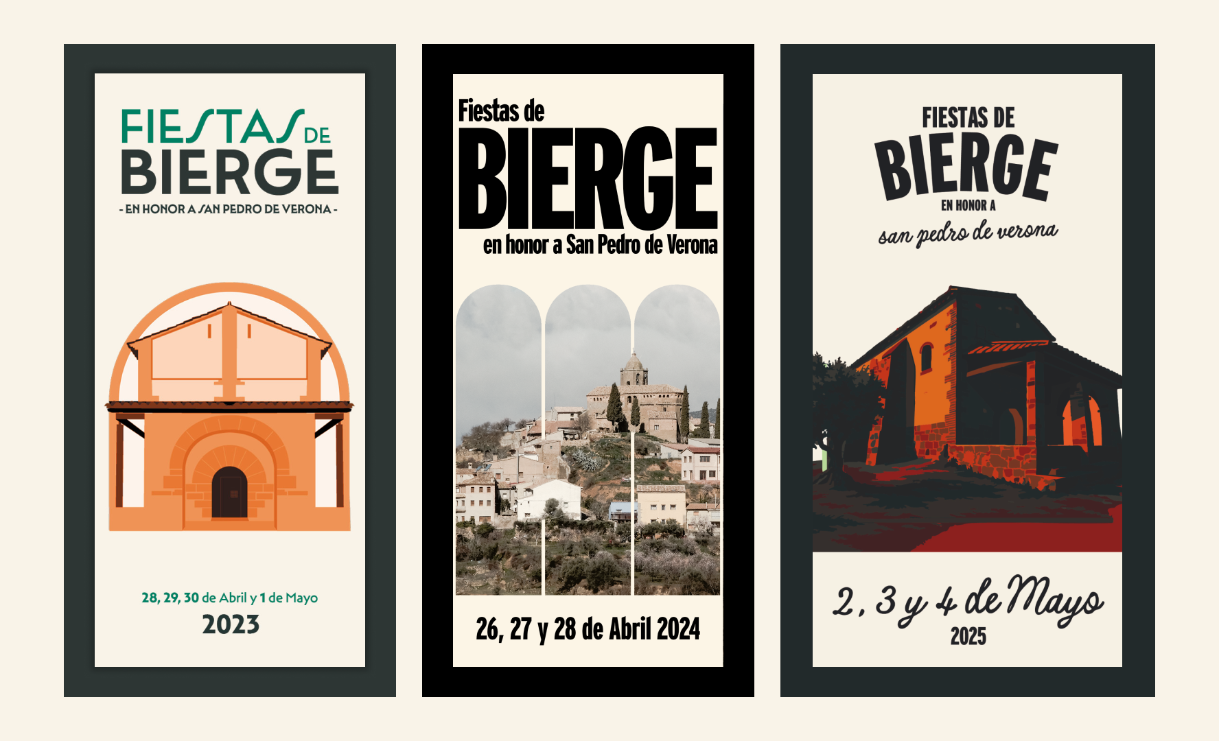 Three vertical banners advertising festivals of hail in Spain in different years: 2023, 2024, and 2025, with illustrations and dates for each event.