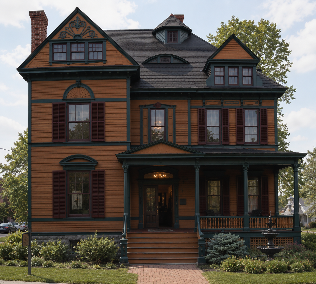 A three-story Victorian-style house with orange wooden siding, dark green trim, and a front porch. The house has multiple gabled roofs with dormer windows and a brick chimney. The front yard features a small garden, a brick pathway, and a fountain.