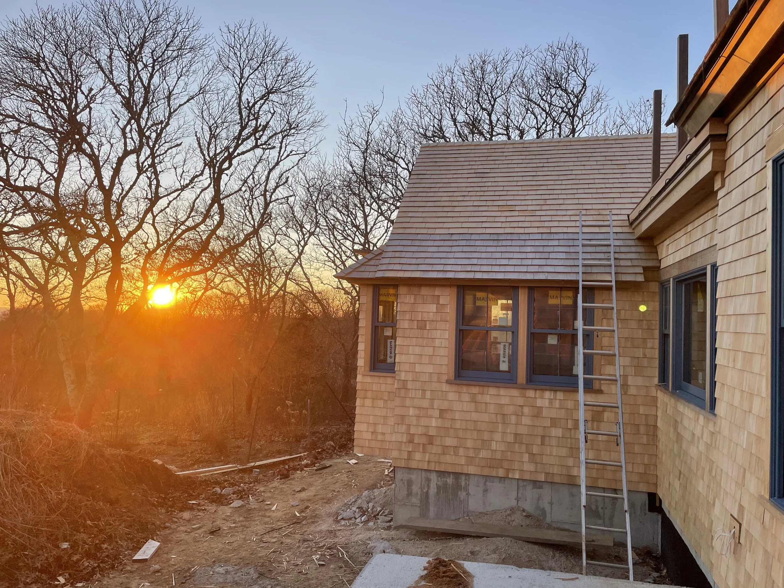 A newly constructed wooden house at sunset with bare trees in the background. The house has a shiny, reddish-brown shingle roof and large windows. A metal ladder leans against the house near the corner.