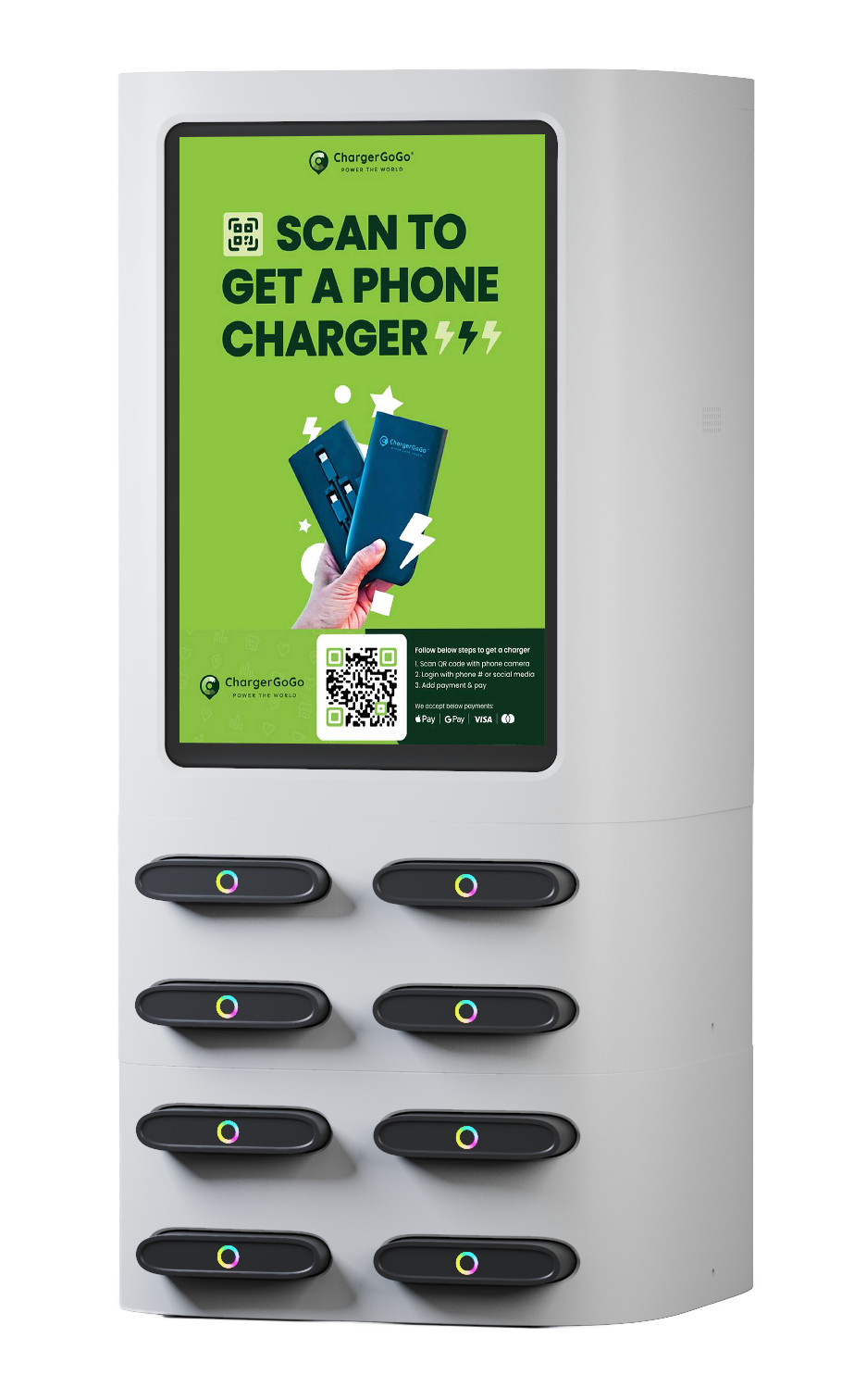 A vending kiosk with a digital screen promoting phone chargers, featuring a QR code and instructions for downloading an app to get a charger, with multiple black charging ports on the front.