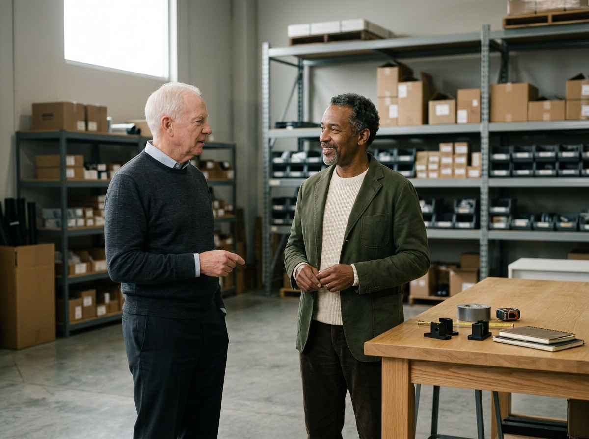 Two business professionals talking in a warehouse with inventory shelving in the background.