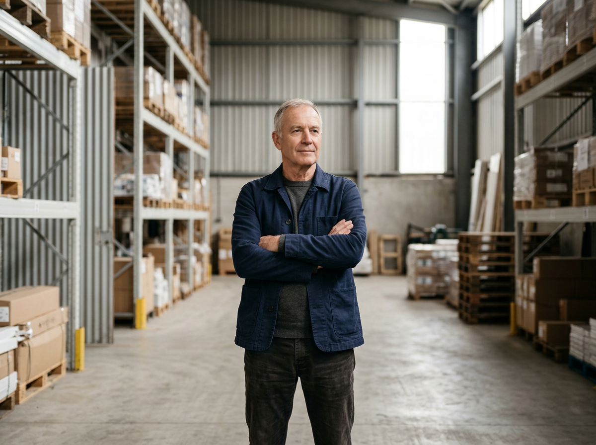 Business leader standing in a warehouse with inventory shelving in the background.