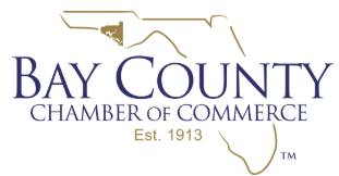 Logo of Bay County Chamber of Commerce with an outline of the state of Florida above the text, which reads 'Bay County Chamber of Commerce Est. 1913'.