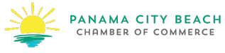 Logo of Panama City Beach Chamber of Commerce featuring a sun setting over the ocean with waves.