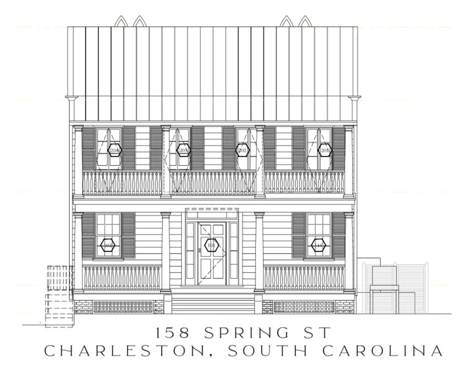 Architectural drawing of a three-story house with front porch, shutters on windows, and a metal roof, located at 158 Spring Street in Charleston, South Carolina.