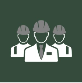Icon of three construction workers wearing safety helmets, with the person in the center dressed professionally, representing leadership or management in construction.