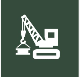 Silhouette of a construction excavator with a long arm and a bucket attachment on a green background.