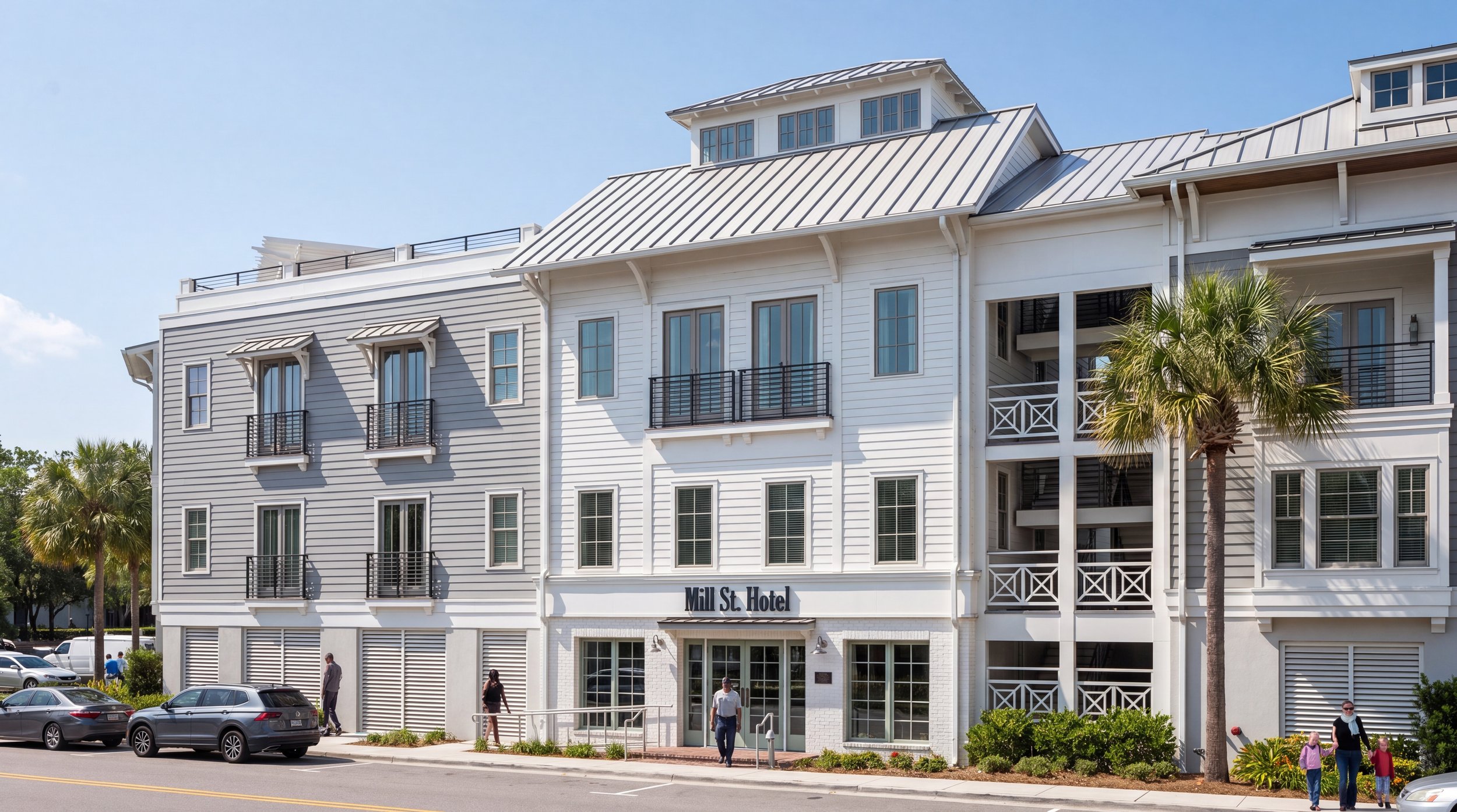 Exterior view of the Mill Street Hotel, a multi-story building with white siding, black railings on balconies, palm trees, people walking on the sidewalk, and cars parked along the street.
