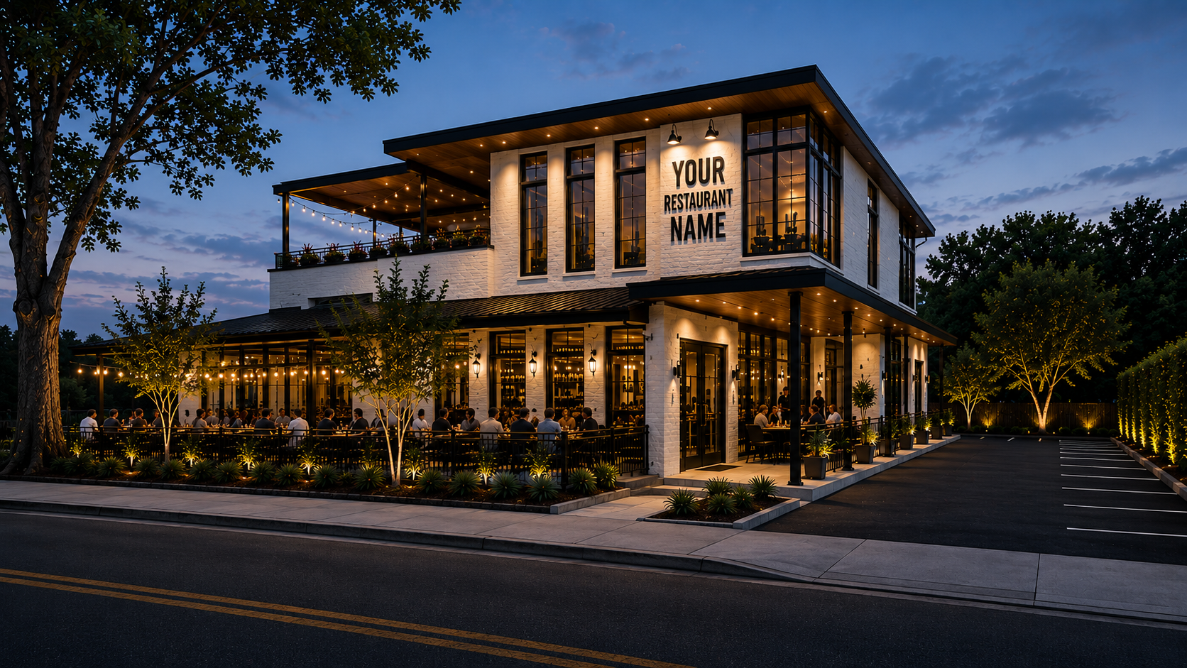 A modern two-story restaurant building at dusk with outdoor seating area filled with people, string lights, and greenery, and a sign that says "Your Restaurant Name."