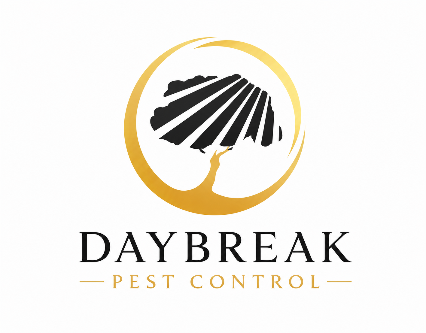 Logo for Daybreak Pest Control featuring a black silhouette of a bee with open wings surrounded by a gold circular design, with the text 'DAYBREAK' in black and 'PEST CONTROL' in gold beneath.