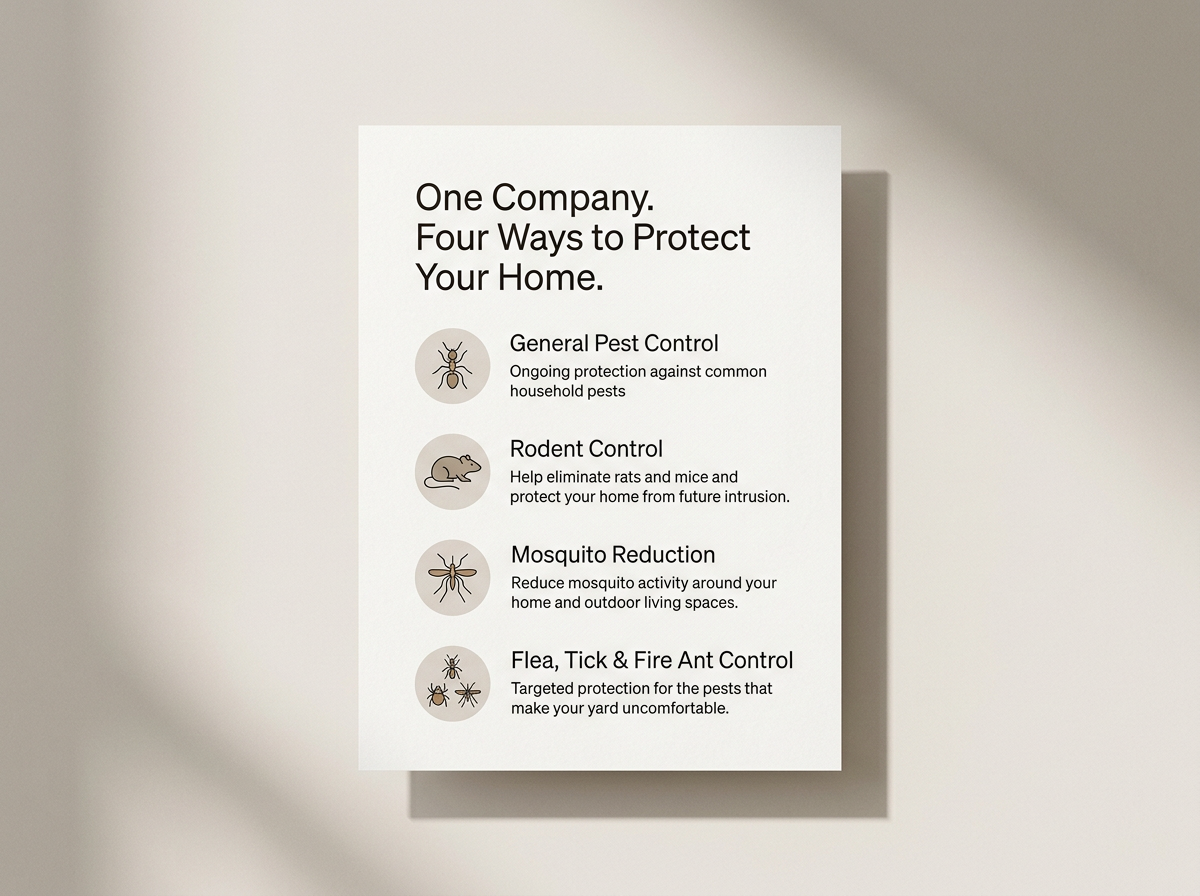 Informational poster listing four pest control methods: general pest control, rodent control, mosquito reduction, and flea, tick, and fire ant control.