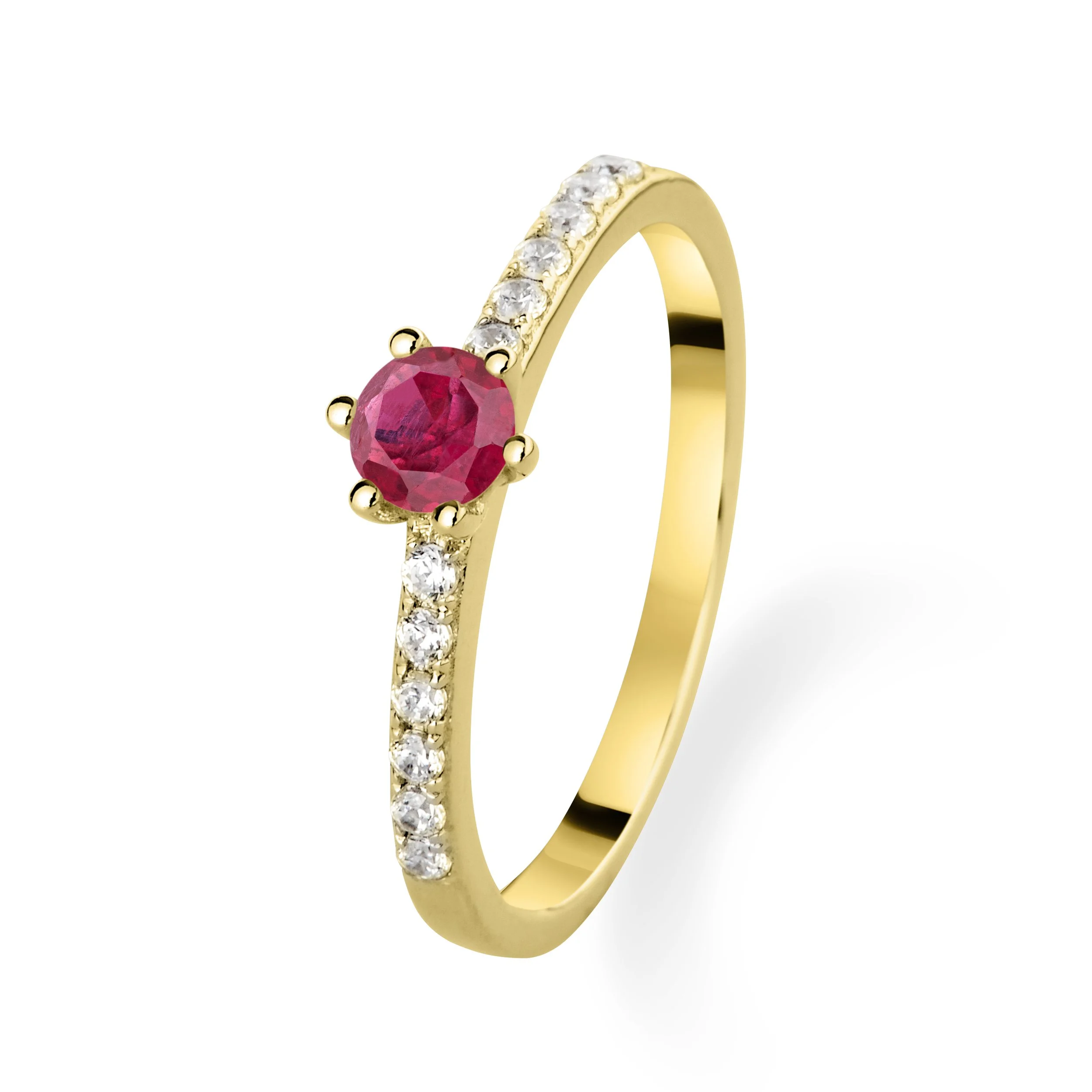Goldener Ring mit einem großen, pinken Edelstein in der Mitte und mehreren kleinen, weißen Edelsteinen entlang des Rings.