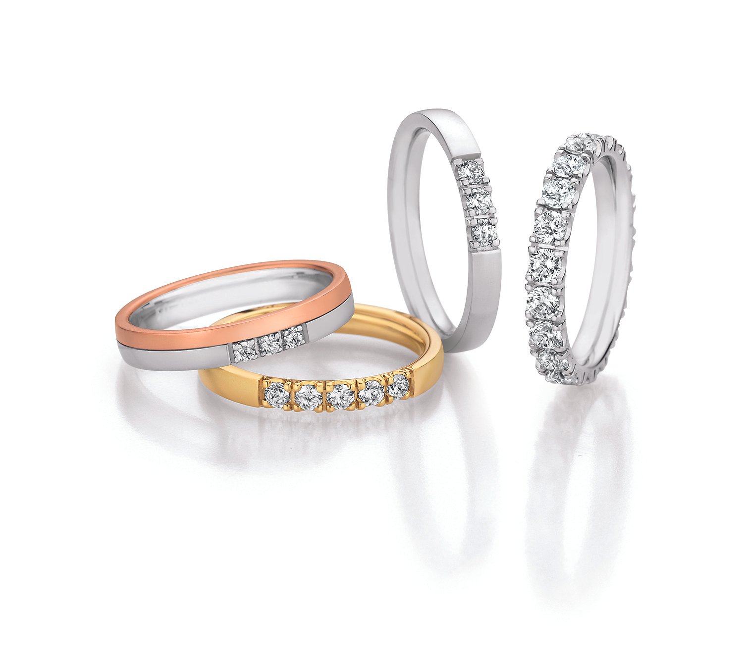 Memoireringe mit Diamanten, in Gold, Silber und Roségold.