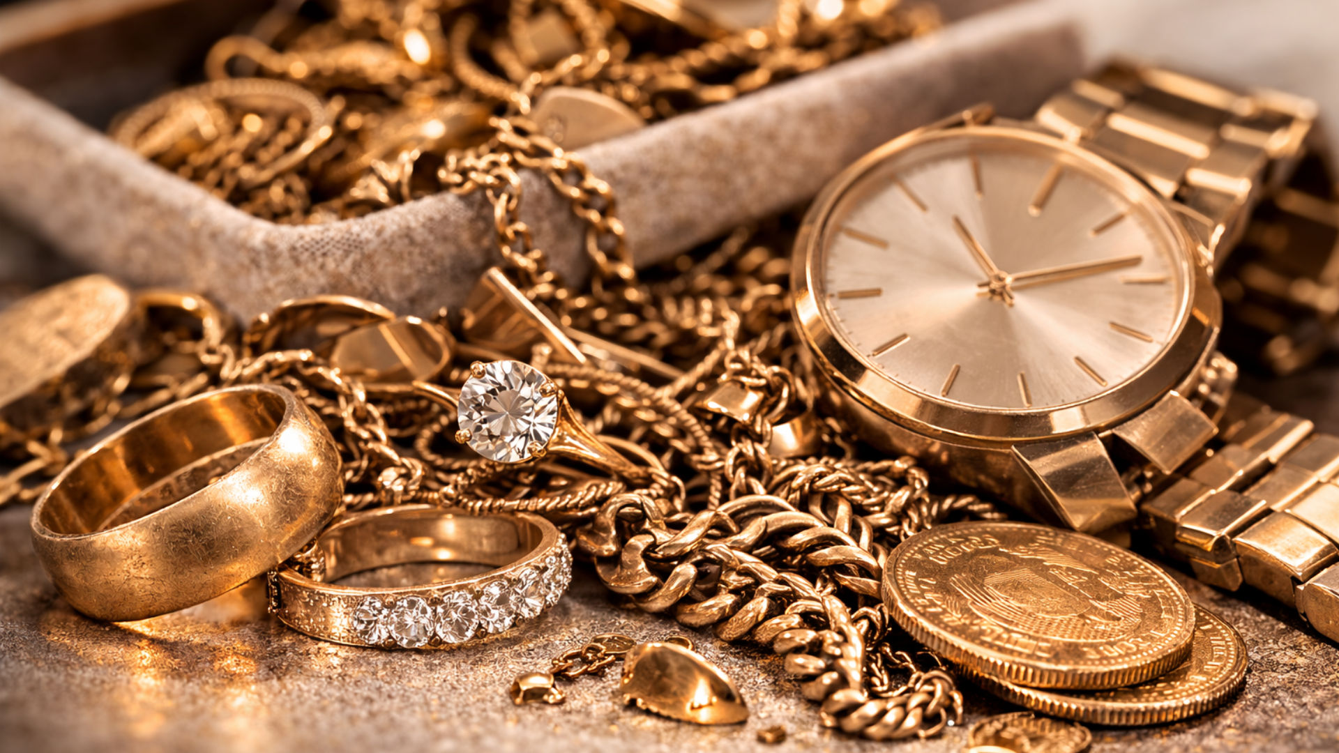 Verschiedene goldene Schmuckstücke, darunter Ringe, Ketten, eine Armbanduhr und Münzen, auf einer Oberfläche