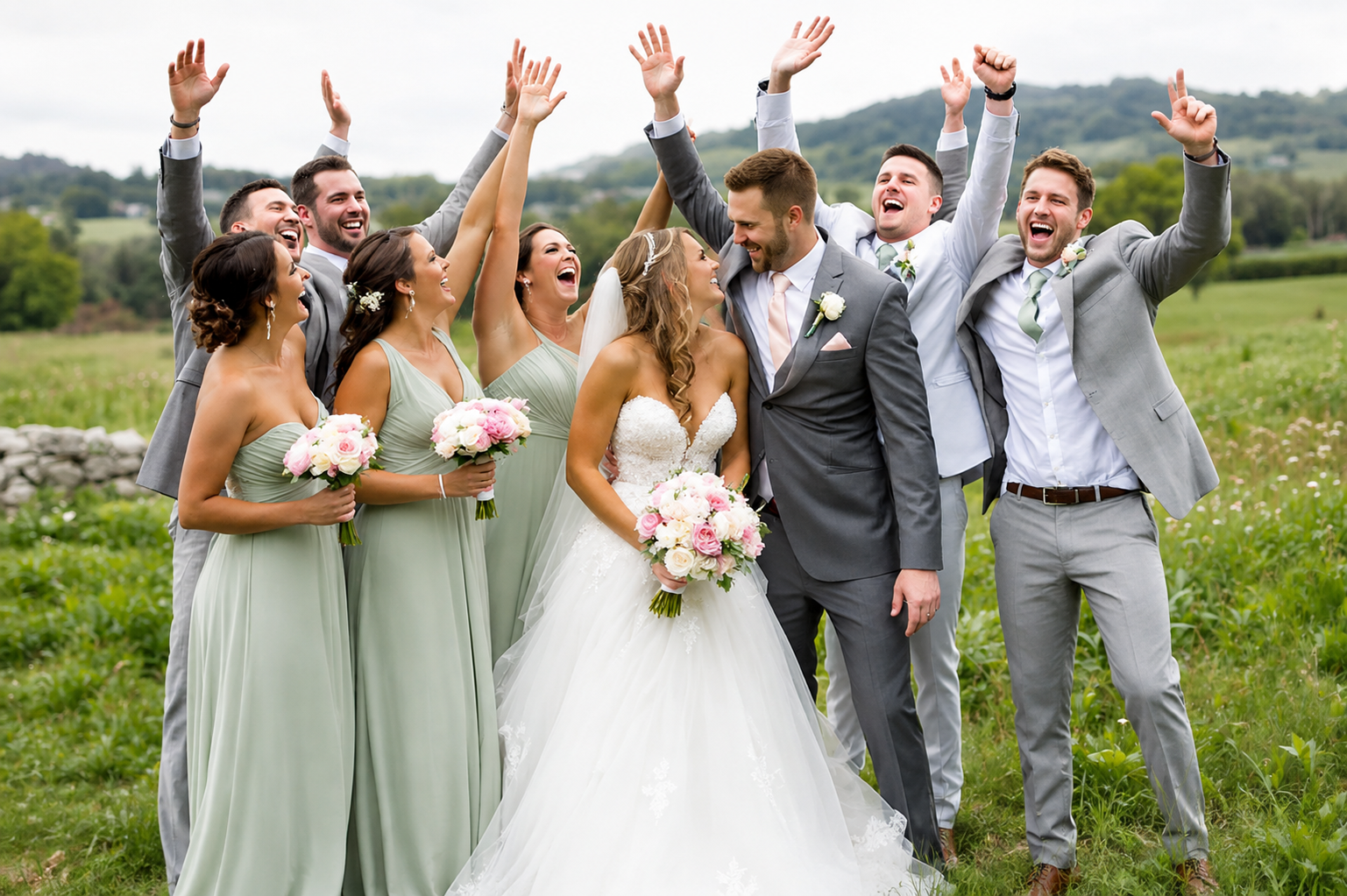 Hochzeit im Freien mit lachendem Brautpaar, Braut in weißem Kleid mit Blumenstrauß, Bräutigam in Anzug, umgeben von Freunden und Brautjungfern in pastellfarbenen Kleidern, alle feiern und lächeln bei schönem Wetter auf grünem Feld mit Hügeln im Hintergrund.