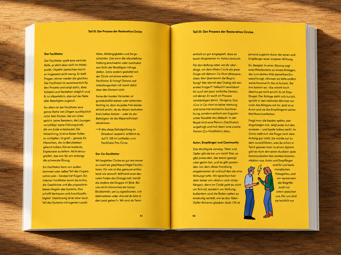 Offene Buchseite mit Text auf gelbem Hintergrund über den Prozess der Restorative Circles, begleitet von einer Illustration eines Mannes und einer Frau, die miteinander sprechen, beide in Freizeitkleidung. Das Buch liegt auf einem Holzuntergrund.