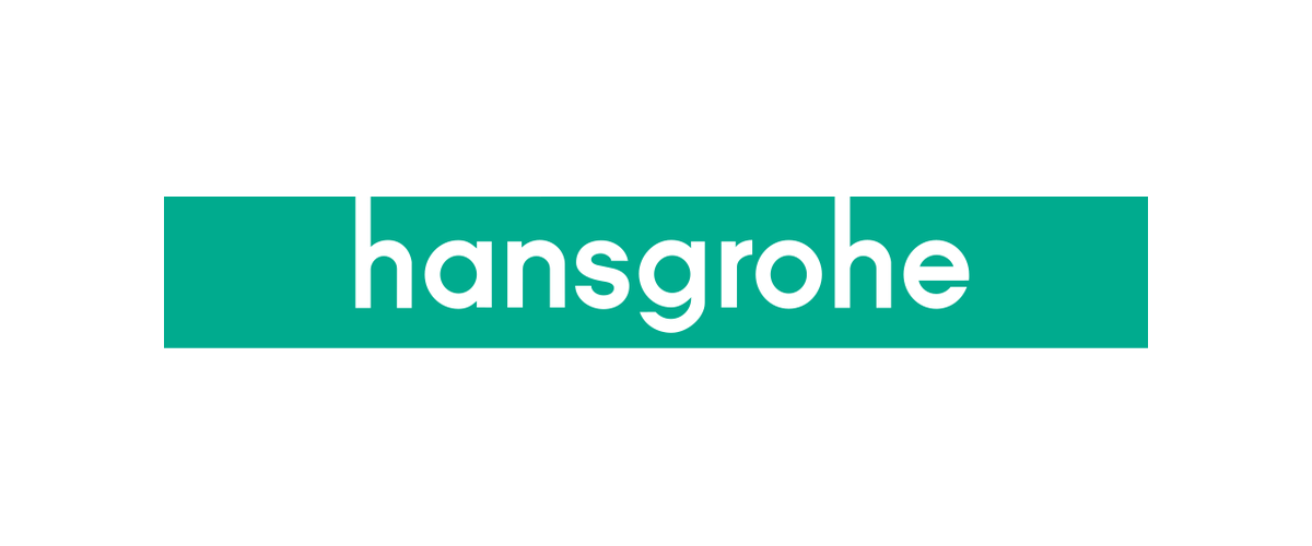 Logo der Firma Hansgrohe mit einem grünen Hintergrund und weißem Schriftzug