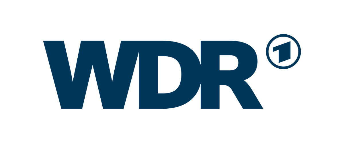 Logo des deutschen Fernsehsenders WDR mit einem blauen Schriftzug und einem kleinen blauen Kreis mit der Nummer 1.