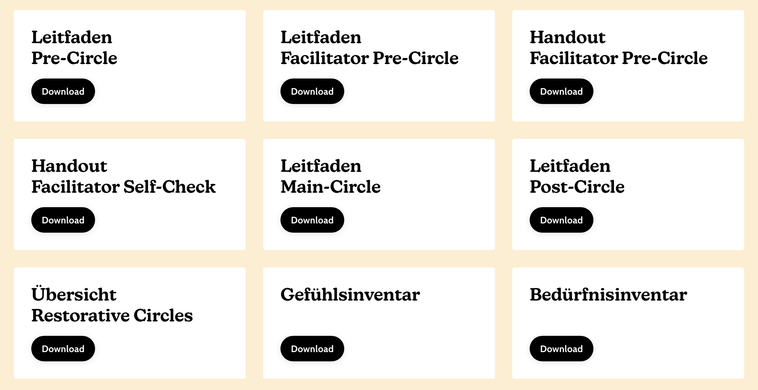 Screenshot von einer Webseite mit Download-Optionen für verschiedene Leitfäden und Handouts in mehreren Kategorien, darunter Pre-Circle, Facilitator Self-Check, Main-Circle, Post-Circle, Übersicht, Gefühlsinventar und Bedarfsinventar.