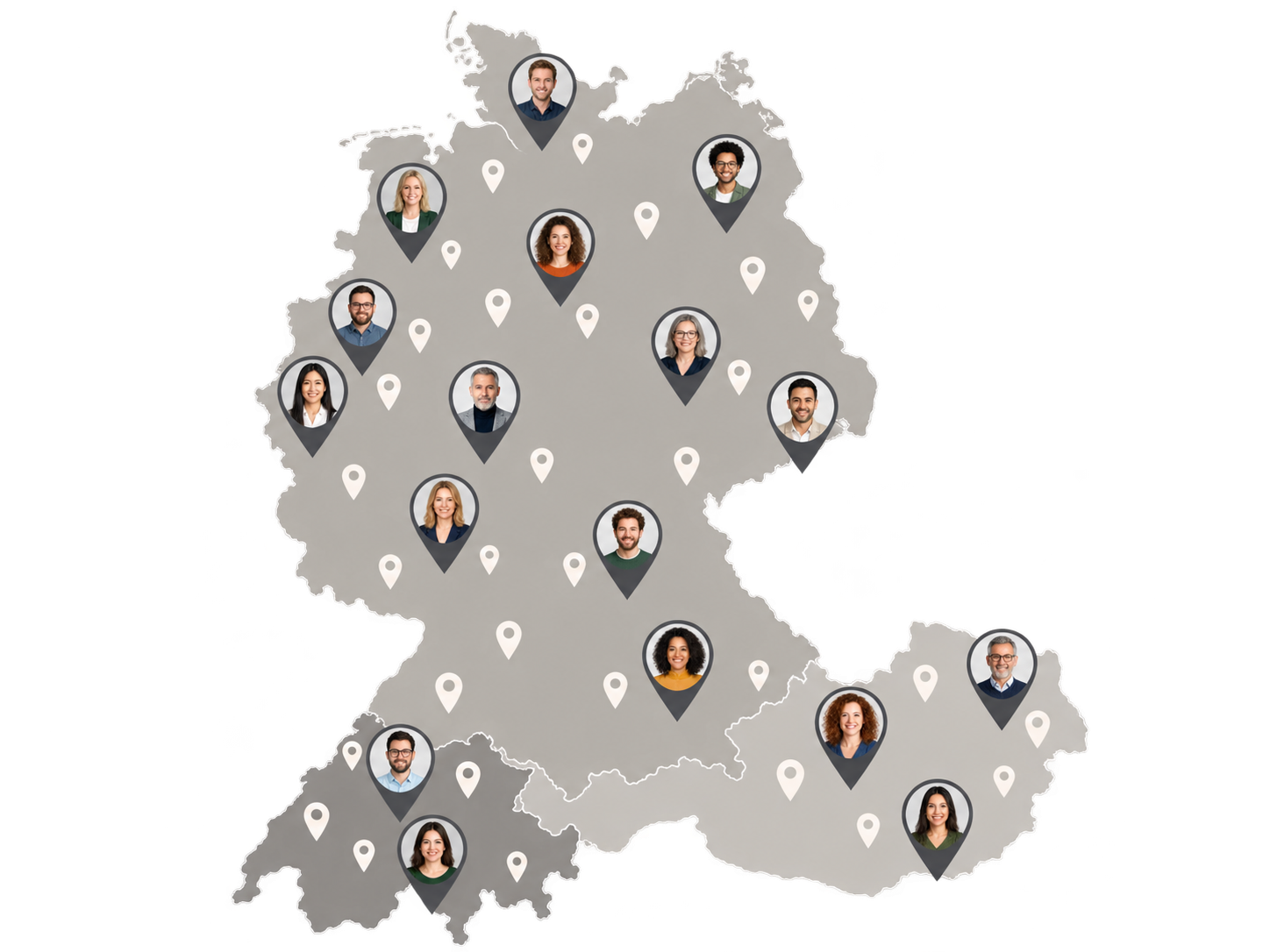 Karte von Deutschland mit Bildern von Menschen an verschiedenen Standorten, die durch Markierungen gekennzeichnet sind.