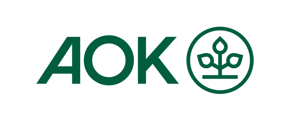 Der Text 'AOK' mit einem grünen Logo, das ein Pflanzen- oder Bio-Element darstellt.