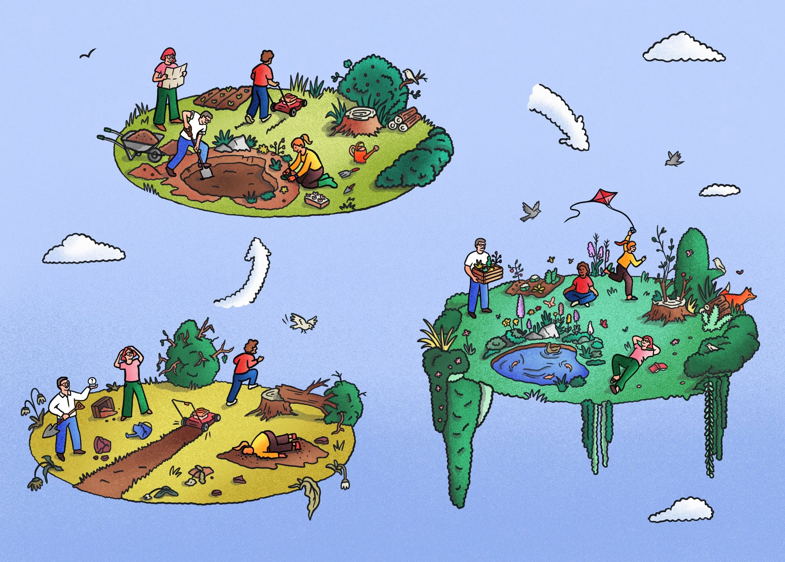 Illustration von Menschen, die im Garten und in der Natur arbeiten, Bäume pflanzen, Blumen gießen, im Teich sitzen, Spaß haben und die Natur genießen, mit Wolken, Vögeln und Flugdrachen im Himmel.