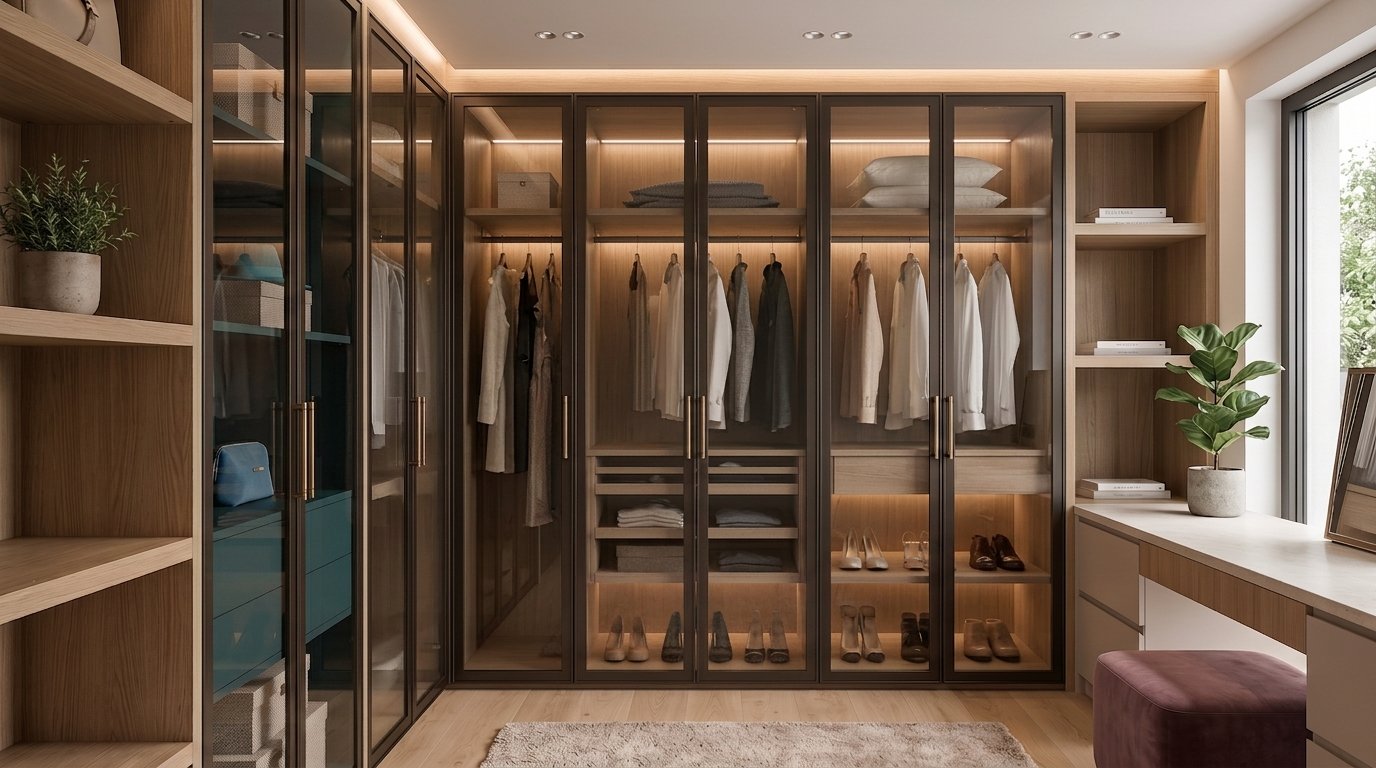 Giyinme odası dolabı, gömme kıyafetler ve ayakkabılar ile organize edilmiştir, doğal ışık alan modern ve düzenli oda.