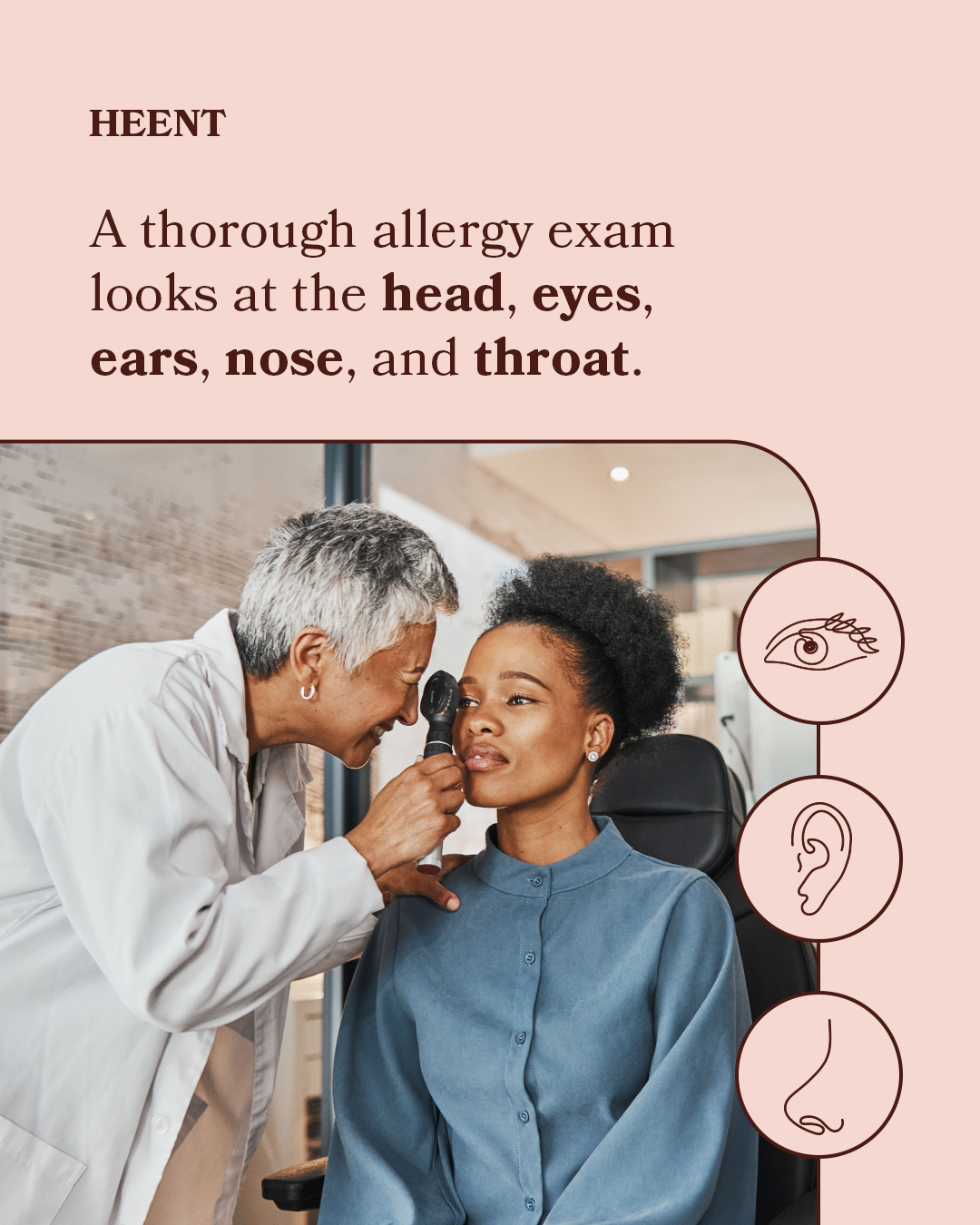 A healthcare professional conducts an allergy exam on a woman by examining her head, eyes, ears, nose, and throat with an otoscope.