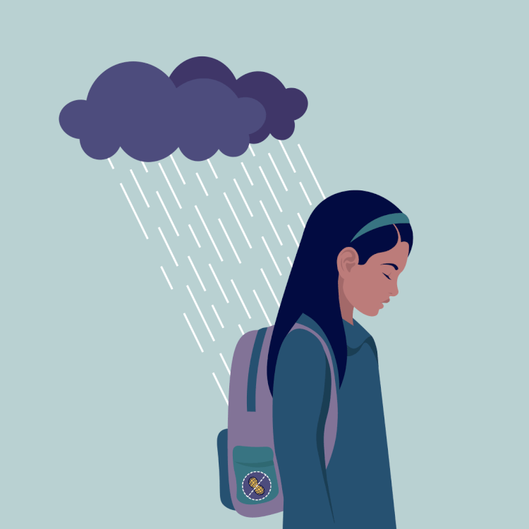 A girl with long dark hair and a headband, wearing a backpack, standing under a dark cloud with rain.